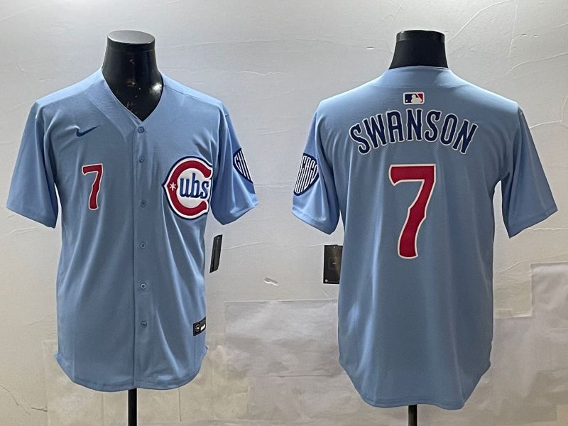 Men Chicago Cubs #7 Swanson Light Blue Throwback Fashion 2025 Nike MLB Jersey style 1->chicago cubs->MLB Jersey